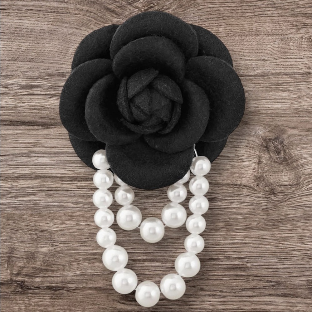 Vintage Look Camellia Flower Brooch with Faux Pearls